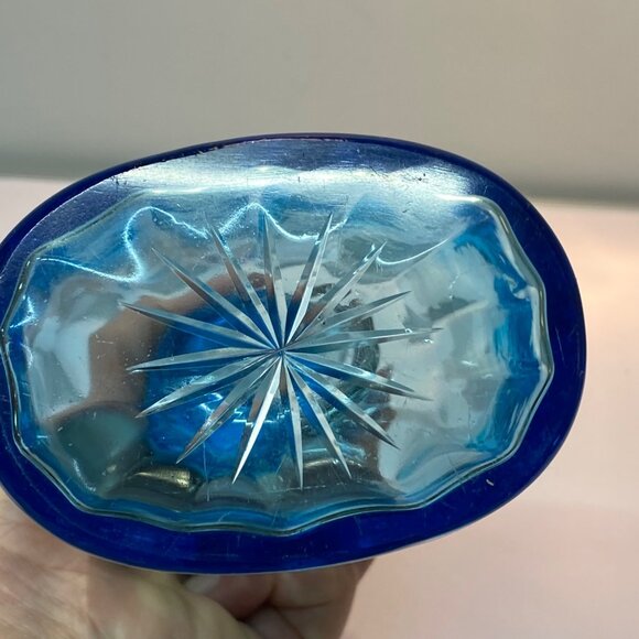 Vtg Blue Glass Apothecary Liquor Bottle UV Reactive Metal Locking Collar Stopper - Picture 15 of 16